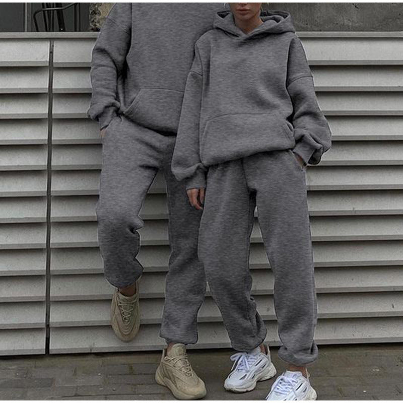 Damen nan gemütliches French-Terry Loungewear-Set mit doppellagiger Kapuze, Kängurutasche und elastischem Knöchel-Jogger Drune