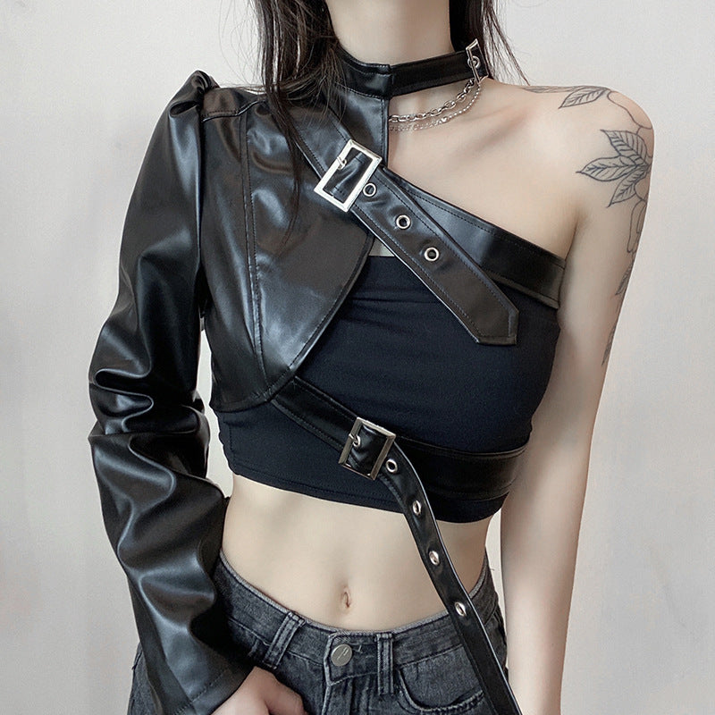 Damenmode-Oberteil aus Kunstleder mit asymmetrischem Design Drune