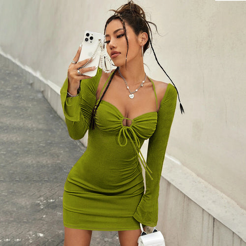 Damen figurbetontes Minikleid mit verstellbarem V-Ausschnitt und langen Ärmel Drune