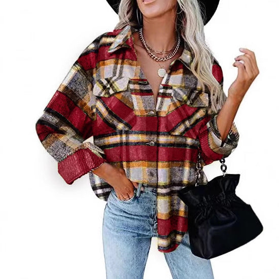 Damen Karierter Overshirt mit Knöpfen und Brusttaschen Drune