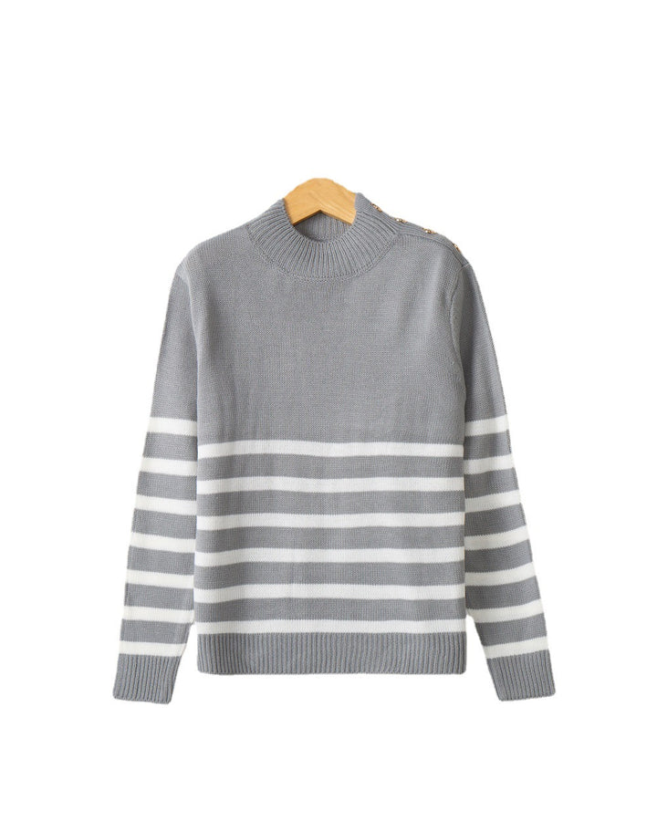 Damen modischer Strickpullover mit Streifenmuster und Knopfdetails Drune