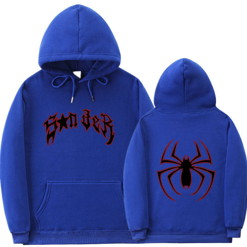 Damen Kapuzenpullover mit auffälligem Spinnenmotiv und grobem Schriftzug Drune