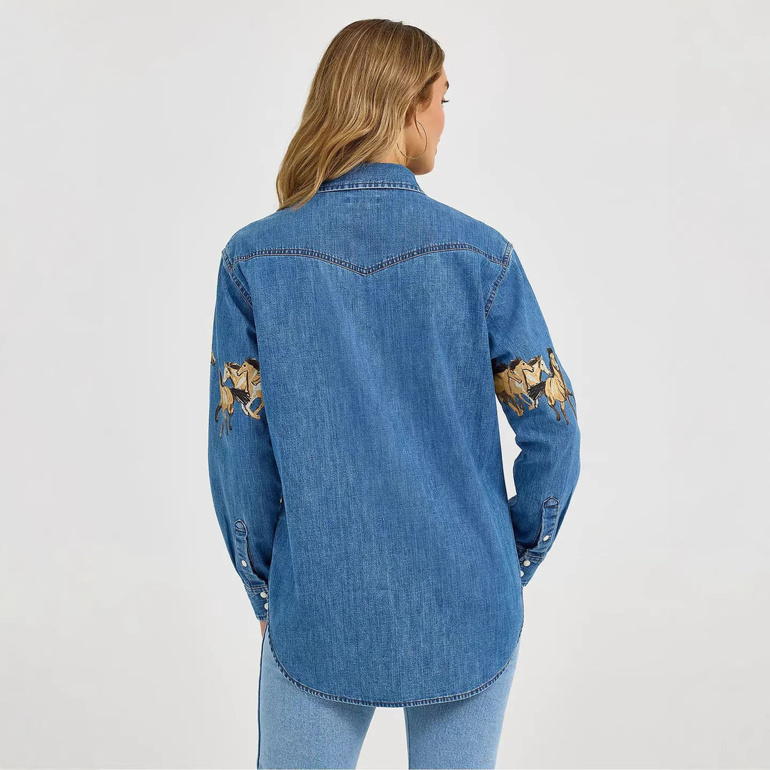 Damen Jeanshemd mit kreativem Pferdemotiv und hochwertiger Baumwollmischung Drune