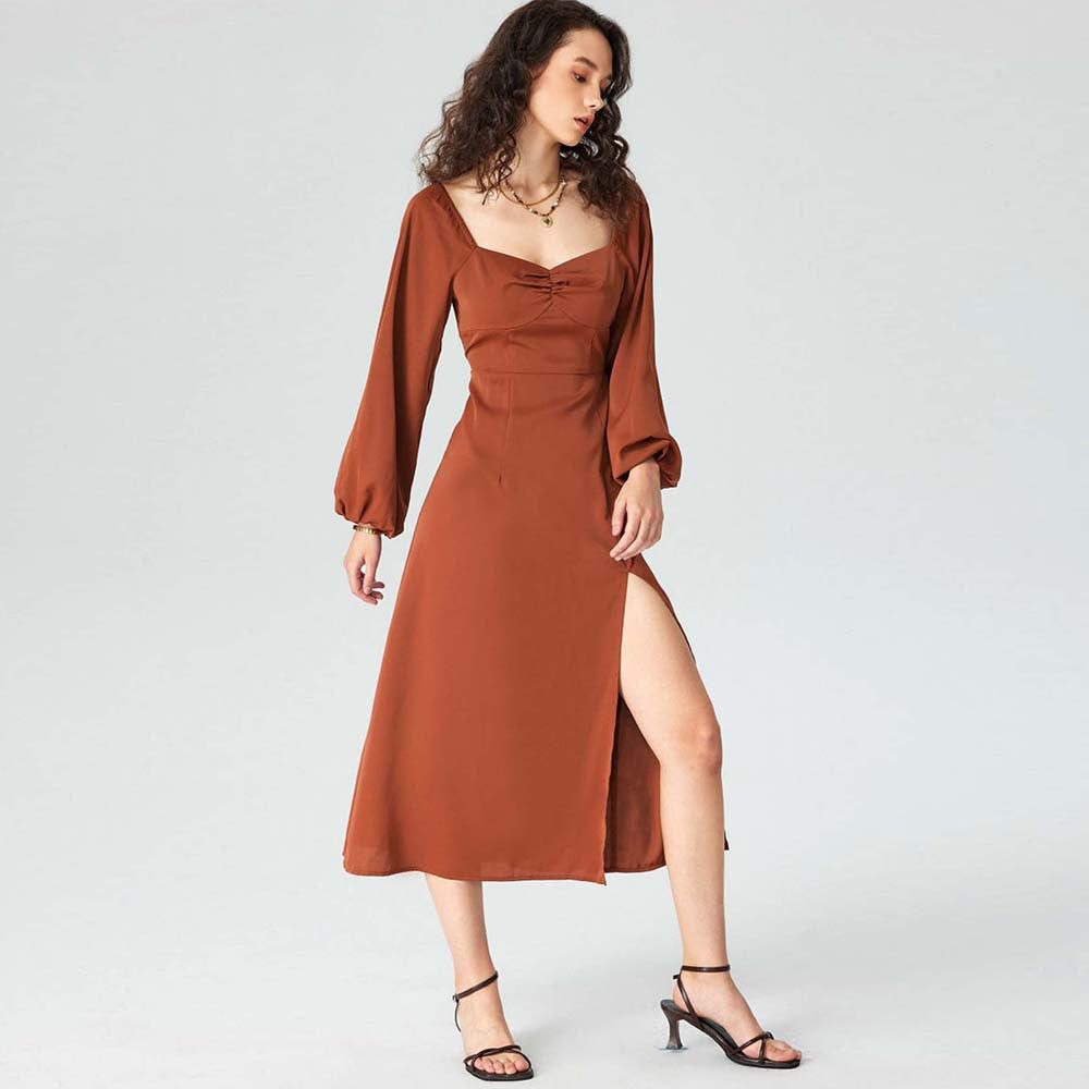 Damen Midi-Kleid mit raffinierten Puffärmeln und hohem Schlitz Drune