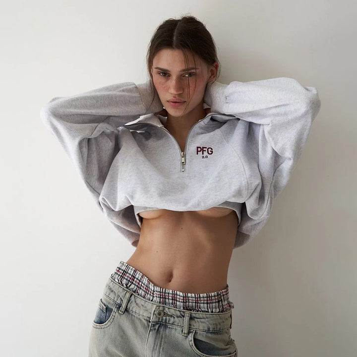 Damen Cropped Sweatshirt mit hohem Kragen und Reißverschluss Drune
