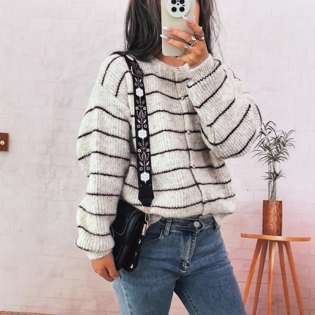 Damen gemütlicher Strickcardigan mit dekorativen Knöpfen und feinem Streifenmuster Drune