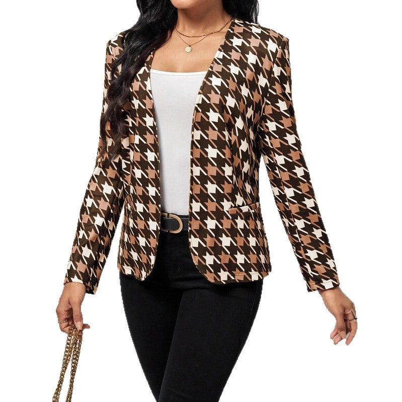 Damen modische Blazerjacke mit auffälligem Hahnentritt-Muster und taillierter Passform Drune