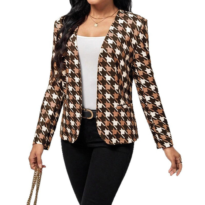 Damen modische Blazerjacke mit auffälligem Hahnentritt-Muster und taillierter Passform Drune