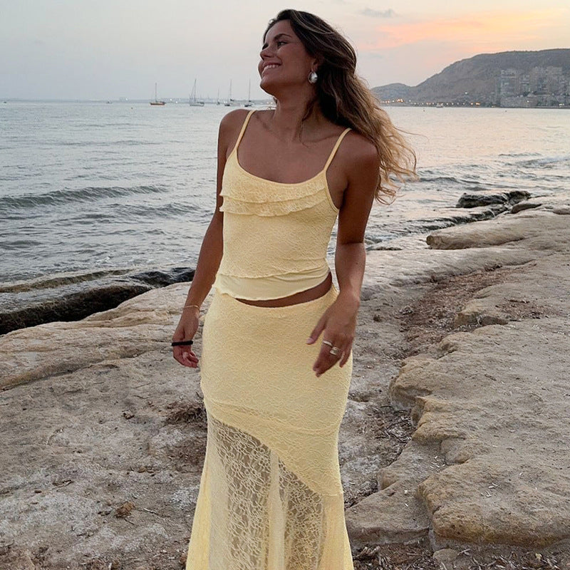 Damen Elegantes Maxikleid mit Längsnaht und Spaghettiträgern Drune