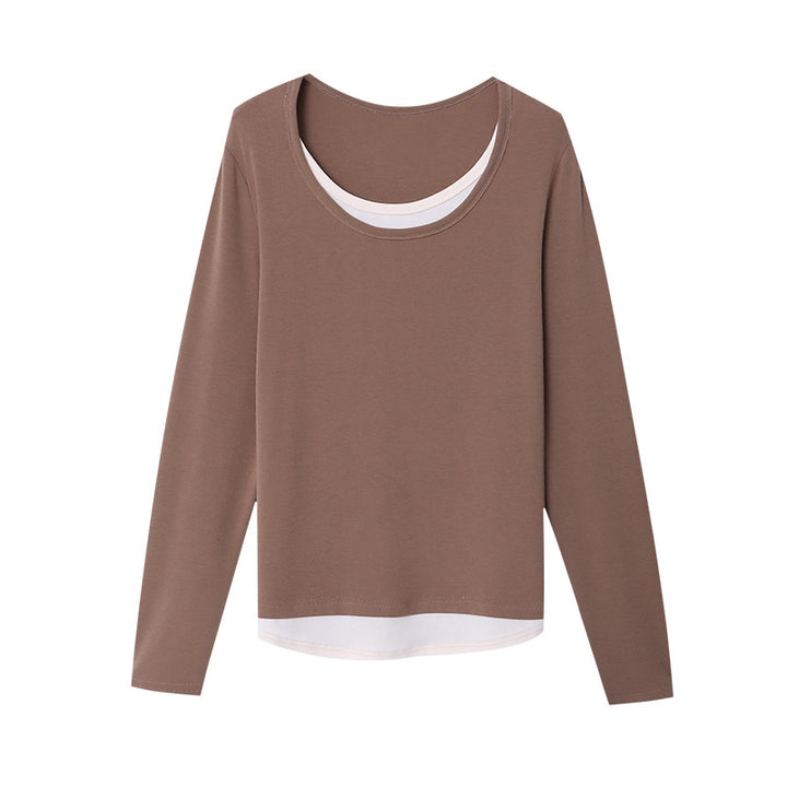 Damen lässiger Longsleeve mit großzügigem Rundhalsausschnitt und elegantem Untertop Drune