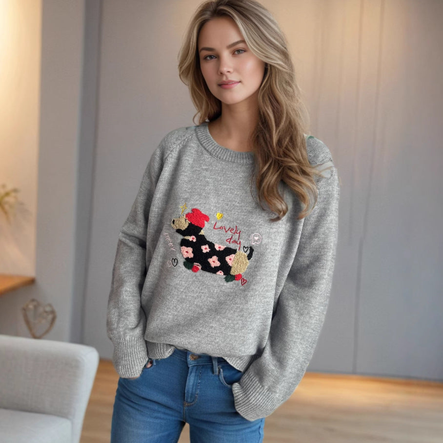 Damen Pullover mit tierischem Motiv und dekorativen Stickereien Drune