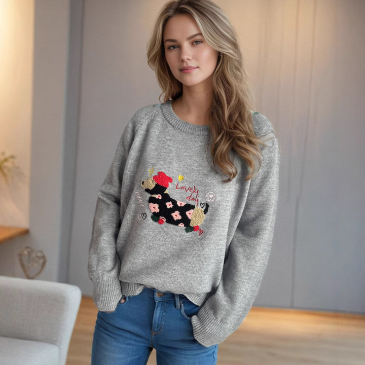 Damen Pullover mit tierischem Motiv und dekorativen Stickereien Drune