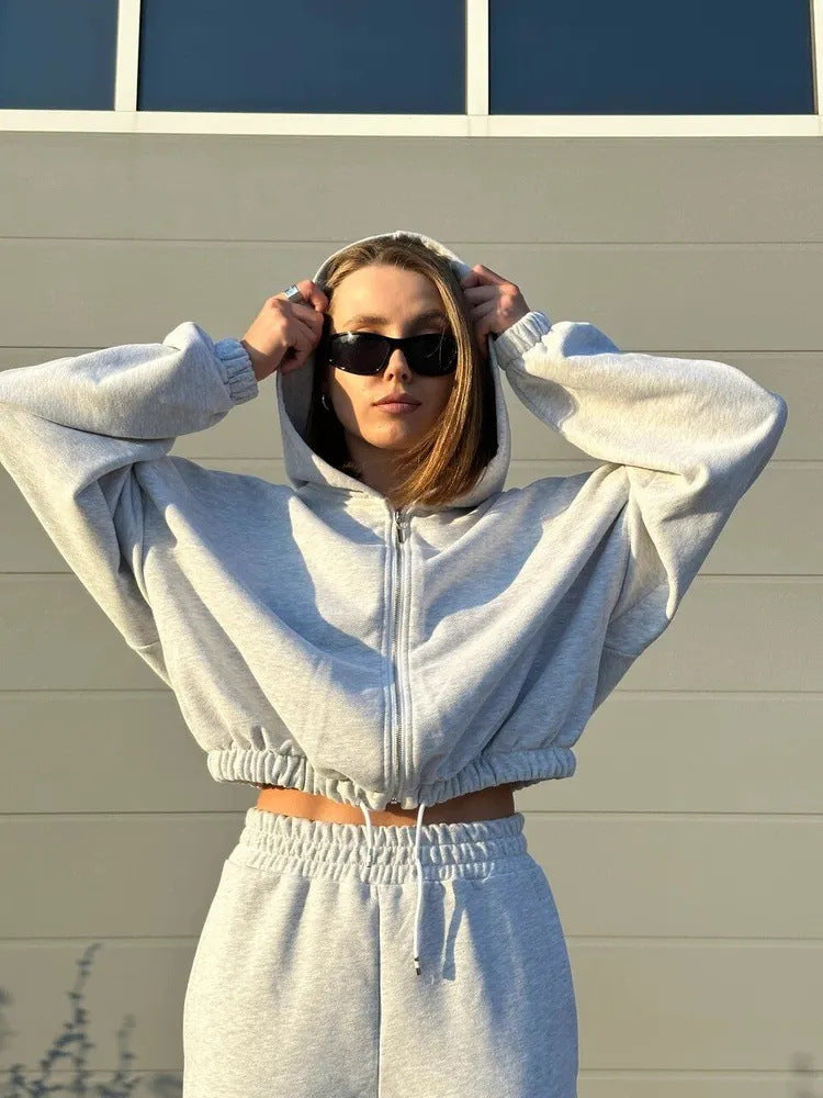 Damen lässiger Kapuzenpullover mit kurzem Schnitt und elastischem Bund Drune