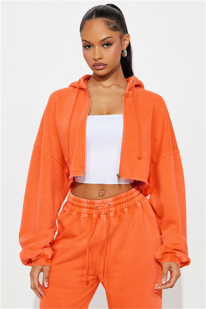 Damen lässiges Oversized Cropped-Set mit Reißverschluss und weitem Beinen Drune