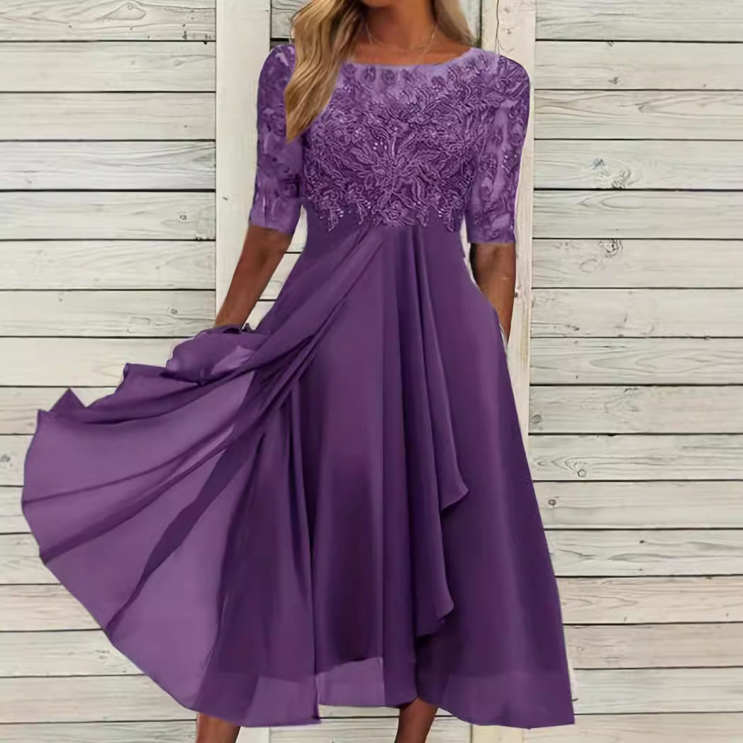 Damen nan elegantes Cocktailkleid mit bestickter Korsage, U-Boot-Ausschnitt und fließendem Chiffonrock Drune