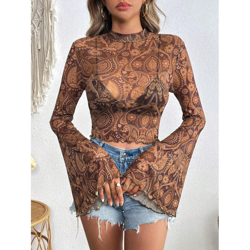 Damen modisches Langarm-Top mit weit geschnittenen Ärmeln und edlem Paisley-Muster Drune