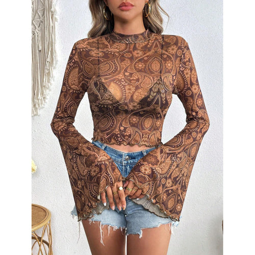 Damen modisches Langarm-Top mit weit geschnittenen Ärmeln und edlem Paisley-Muster Drune