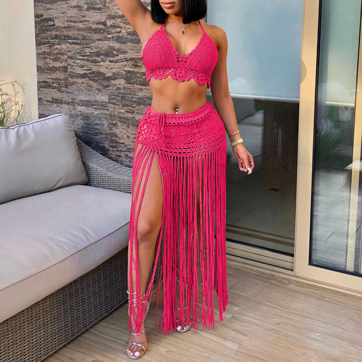 Damen gehäkeltes Strand-Outfit mit fransigen Details Drune