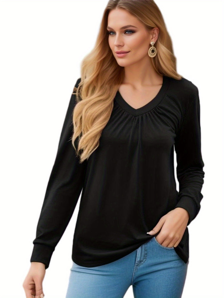 Damen V-Ausschnitt Langarmshirt mit geschmackvollem Faltenwurf und lässiger Passform Drune