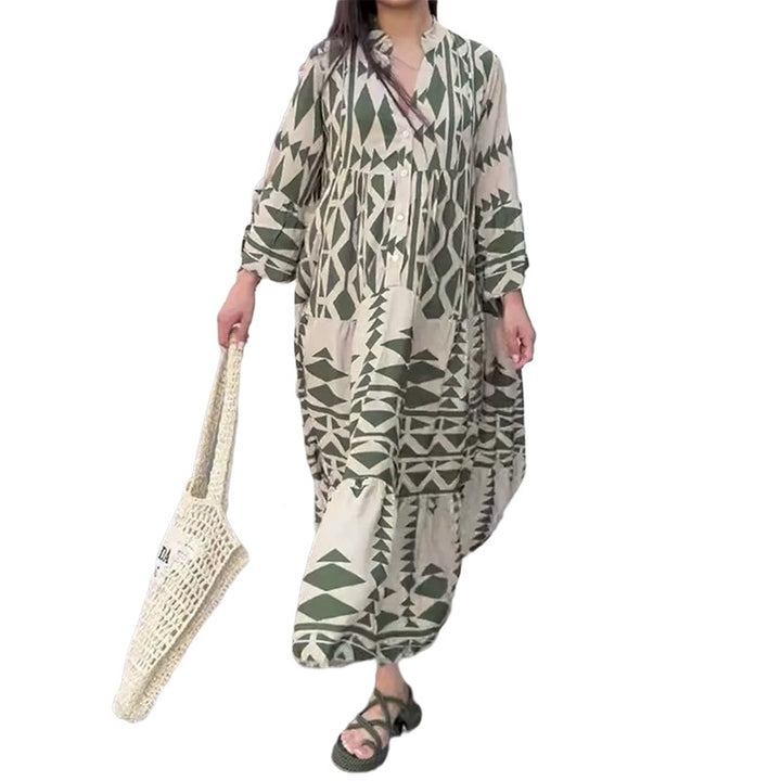 Damen Maxikleid mit geometrischem Muster und fließendem Schnitt Drune