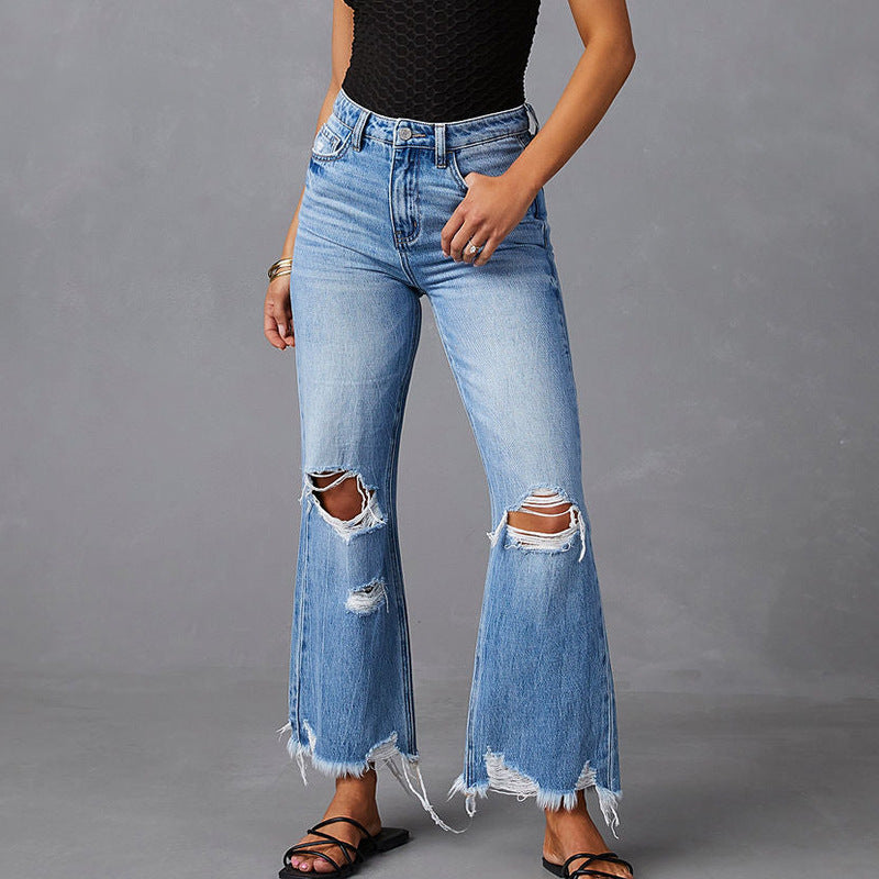Damen weite High-Waist Jeans mit Destroyed-Details Drune