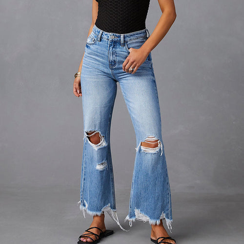 Damen weite High-Waist Jeans mit Destroyed-Details Drune