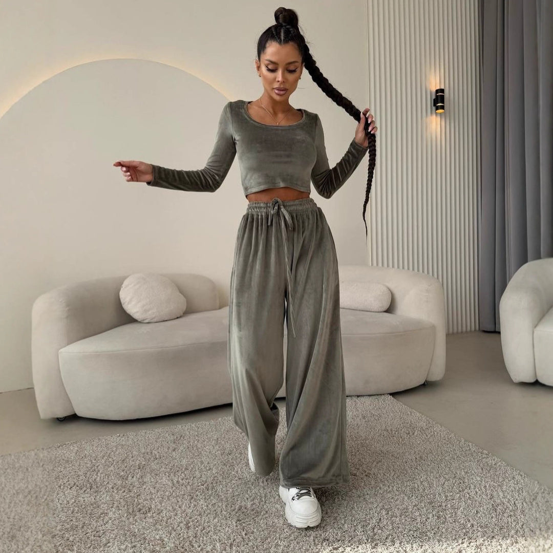 Damen Elegantes und bequemes Lounge-Set mit cropped Oberteil und weit geschnittenen Hosen Drune