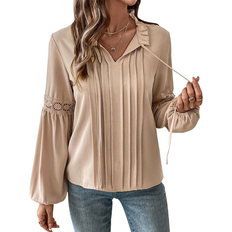 Damen elegante Longbluse mit feinen Falten und Spitzenakzenten Drune