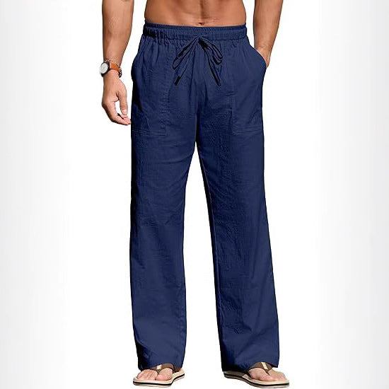 Herren nan leichte Leinenhose mit elastischem Bund, Kordelzug und aufgesetzten Taschen Drune