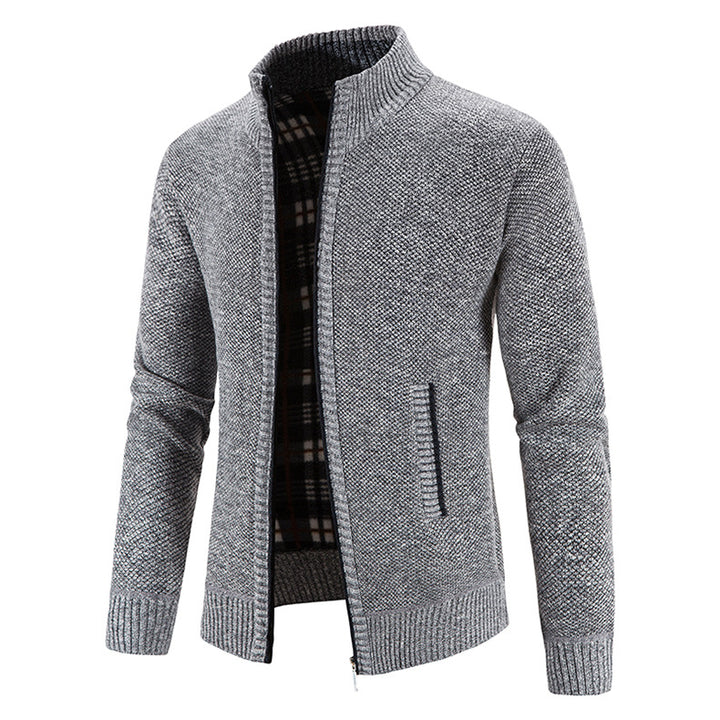 Herren nan Strickjacke mit durchgehendem Reißverschluss, Stehkragen und kariertem Futter Drune