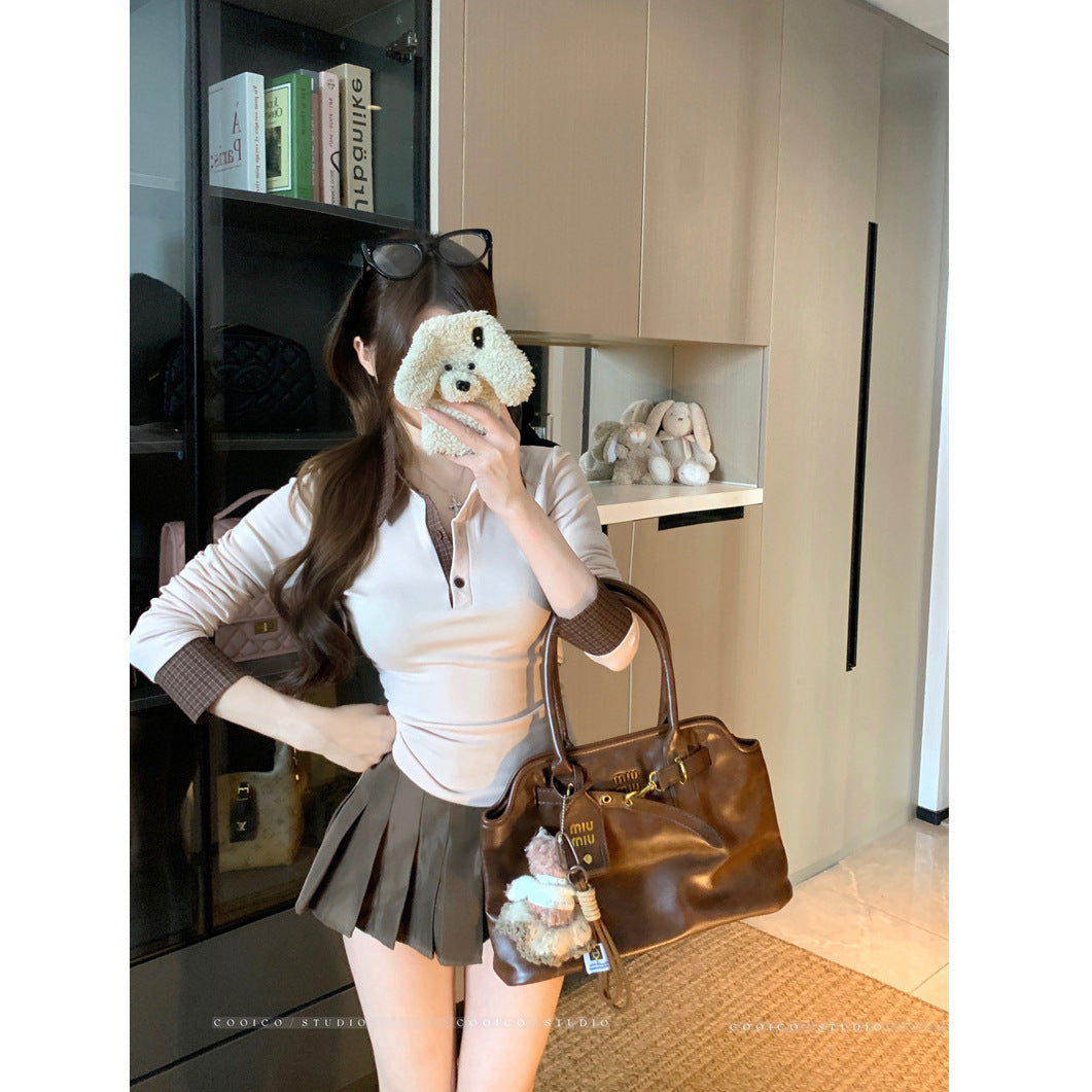 Damen Langarm-Polohemd mit stylischem Kragen und Knopfdetails Drune