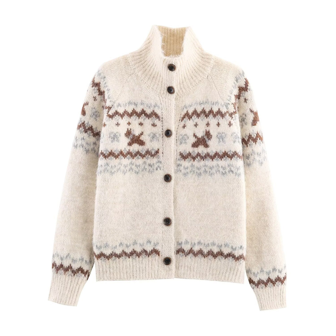 Damen Strickjacke mit traditionellem Muster und hochgeschlossenem Kragen Drune