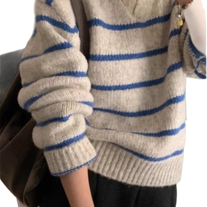 Damen Strickpullover mit V-Ausschnitt und Streifen Drune