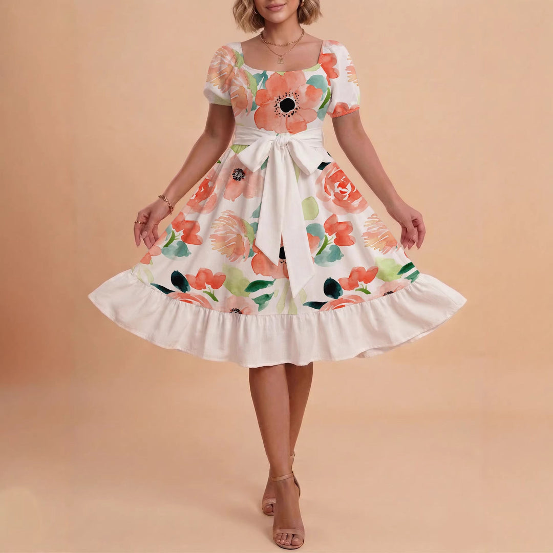 Damen Sommerliches Blumenkleid mit taillierbarem Gürtel und voluminösen Ärmeln Drune