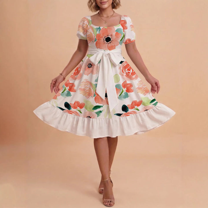 Damen Sommerliches Blumenkleid mit taillierbarem Gürtel und voluminösen Ärmeln Drune