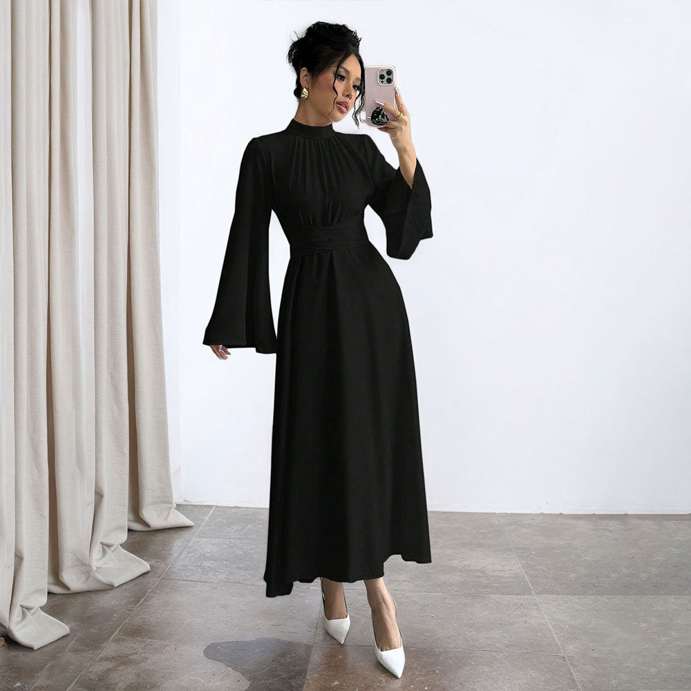 Damen Elegantes Maxikleid mit schwingenden Ärmeln und Hohem Kragen Drune