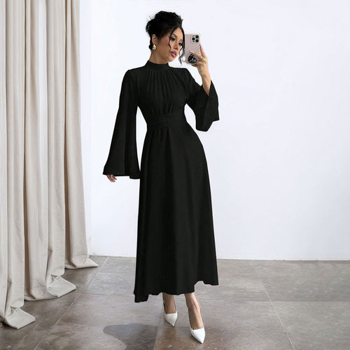 Damen Elegantes Maxikleid mit schwingenden Ärmeln und Hohem Kragen Drune