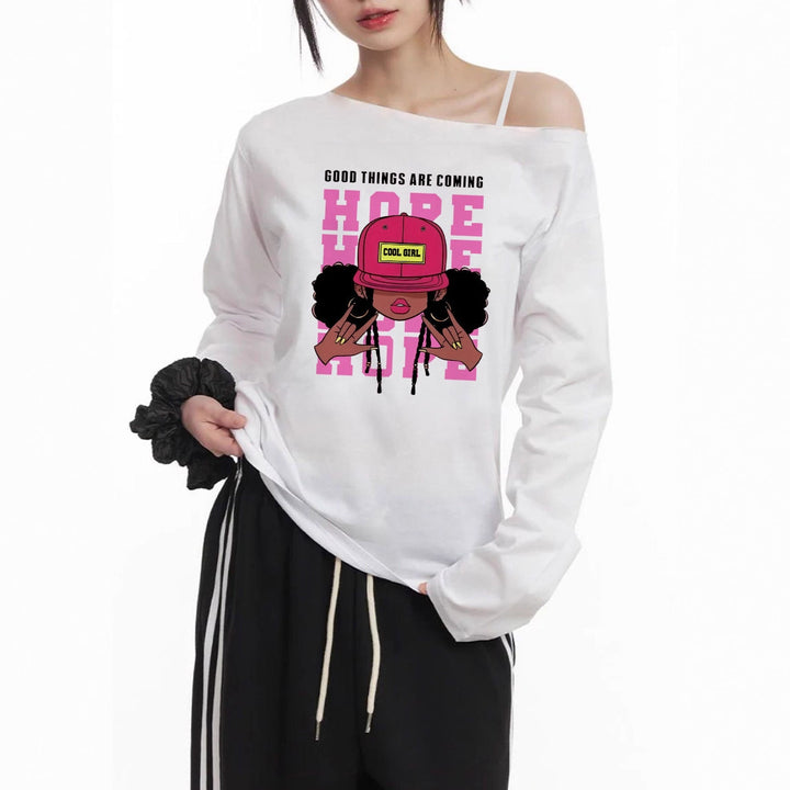 Damen nan lässiges Off-Shoulder Langarmshirt mit großflächigem Cartoon-Grafikprint und elastischem Baumwollmix Drune