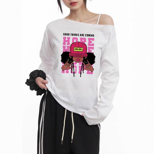 Damen nan lässiges Off-Shoulder Langarmshirt mit großflächigem Cartoon-Grafikprint und elastischem Baumwollmix Drune
