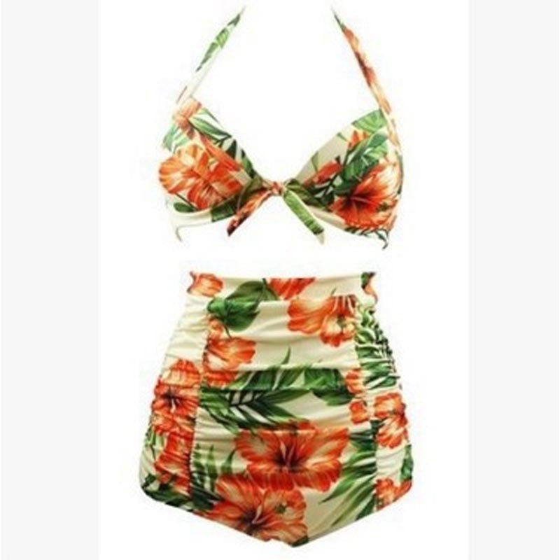 Damen Hoch tailliertes Bikini-Set mit floralem Design und Raffungen Drune