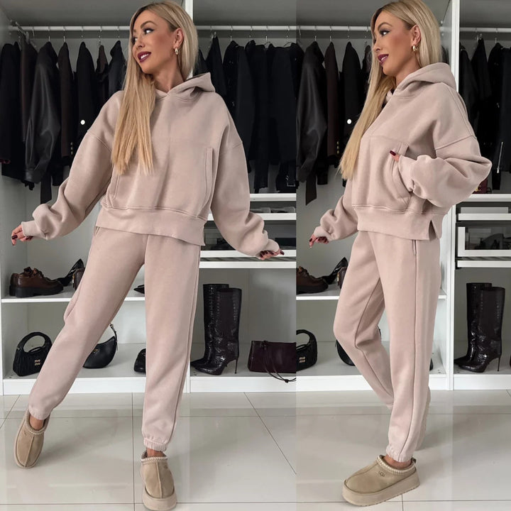 Damen Relaxed Fit Fleece-Loungewear-Set mit Kapuze und elastischem Bund Drune