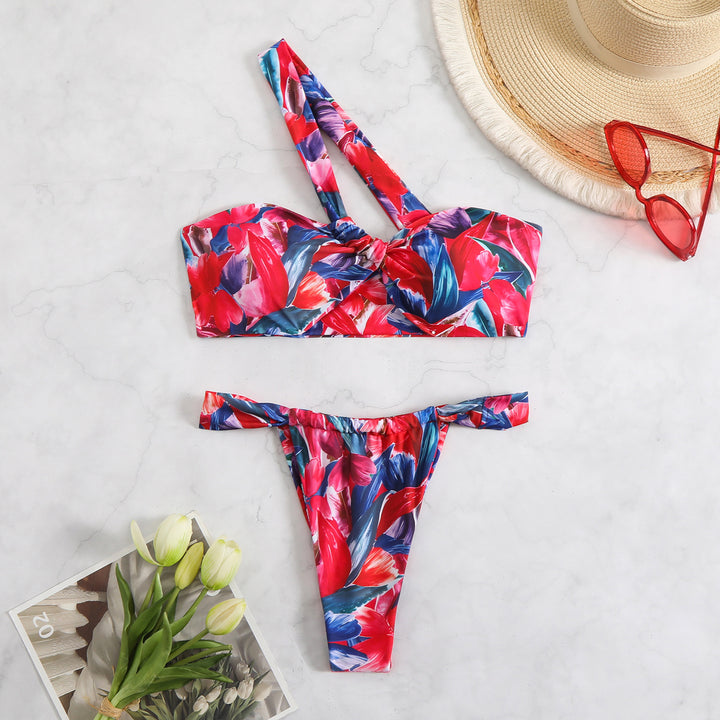 Damen Bandeau-Bikini mit asymmetrischen Trägern und modischen Wickeldetails Drune