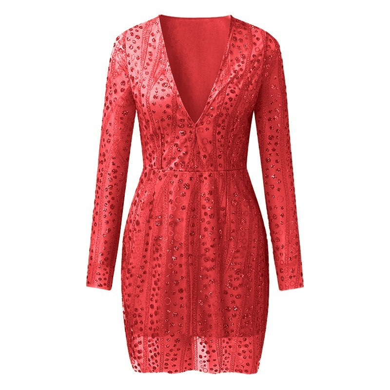 Damen Elegantes Cocktailkleid mit tiefem V-Ausschnitt und funkelnden Pailletten Drune