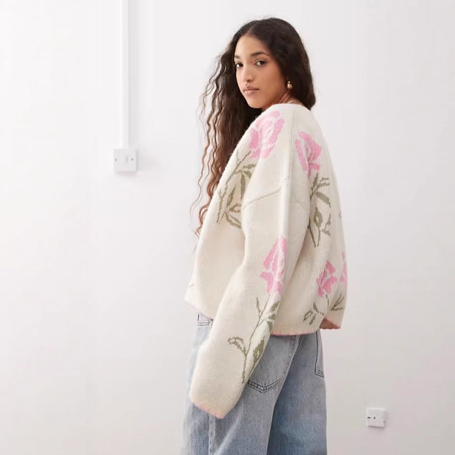 Damen Strickjacke mit floralem Design und eleganten Details Drune
