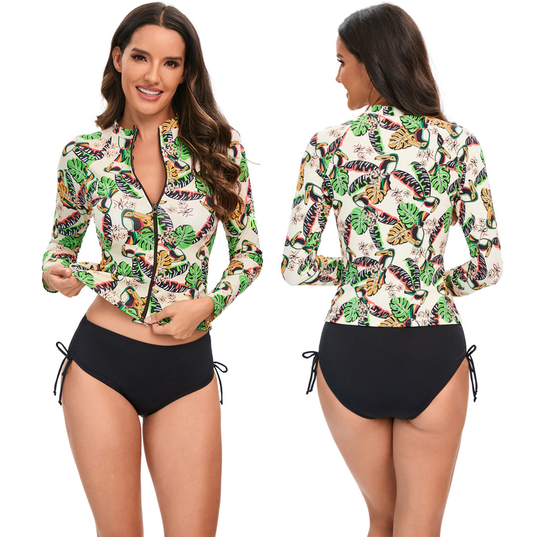 Damen Sportlicher Langarm-Rashguard mit buntem Tier- und Blattmuster Drune