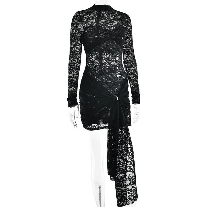 Damen Spitzenkleid mit asymmetrischem Saum und langen Ärmeln Drune