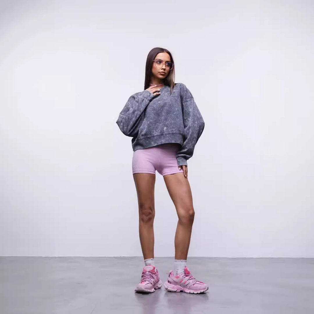 Damen cropped Sweatshirt mit weiten Ärmeln und modischem Wasch-Effekt Drune