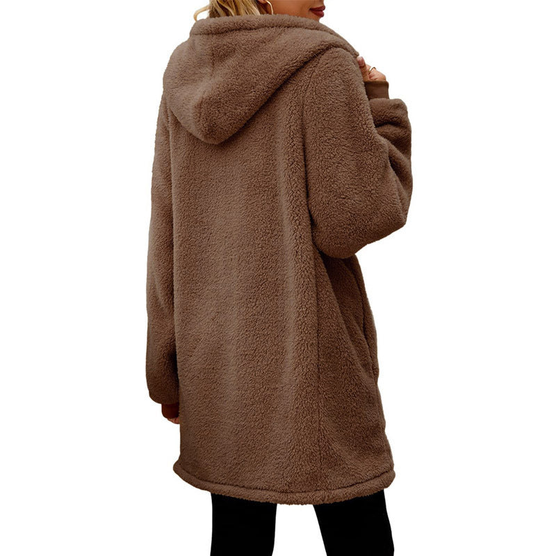 Damen kuschelige Fleecejacke mit Kapuze und seitlichen Eingrifftaschen Drune