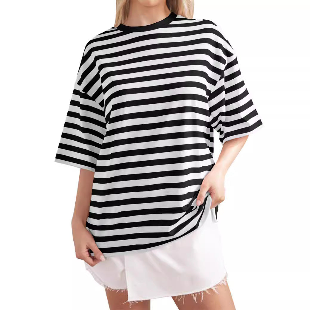 Damen Oversized gestreiftes T-Shirt mit Rundhalsausschnitt und kurzen Ärmeln Drune