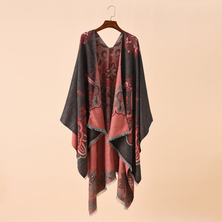 Damen Eleganter Kimono-Poncho mit kunstvollem Muster und fransigen Kanten Drune